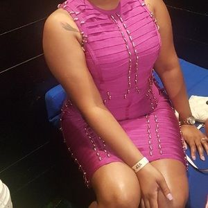 Fuschia bodycon dress with gold detail